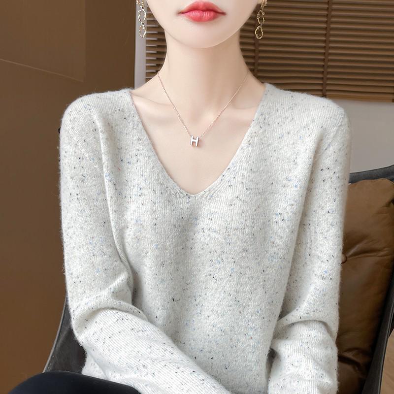 Women's 100% Wool V-Neck Slim Fit Sweater - Thick Knit Pullover for Autumn/Winter