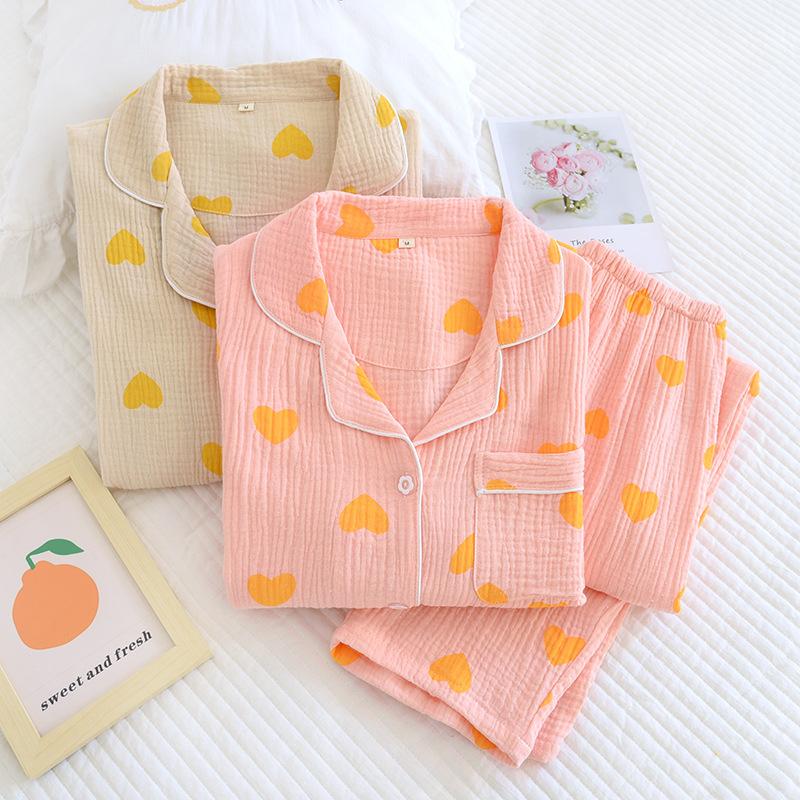 Love crepe lapel pajamas women's spring and summer thin long-sleeved cardigan set large size loose and comfortable loungewear