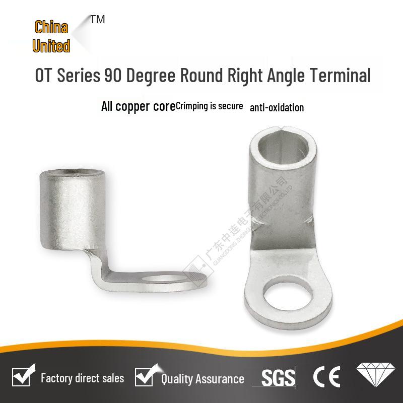 Zhonglian Round Copper Welding Cable Lug with 90° Bend, Tin-Plated Terminal