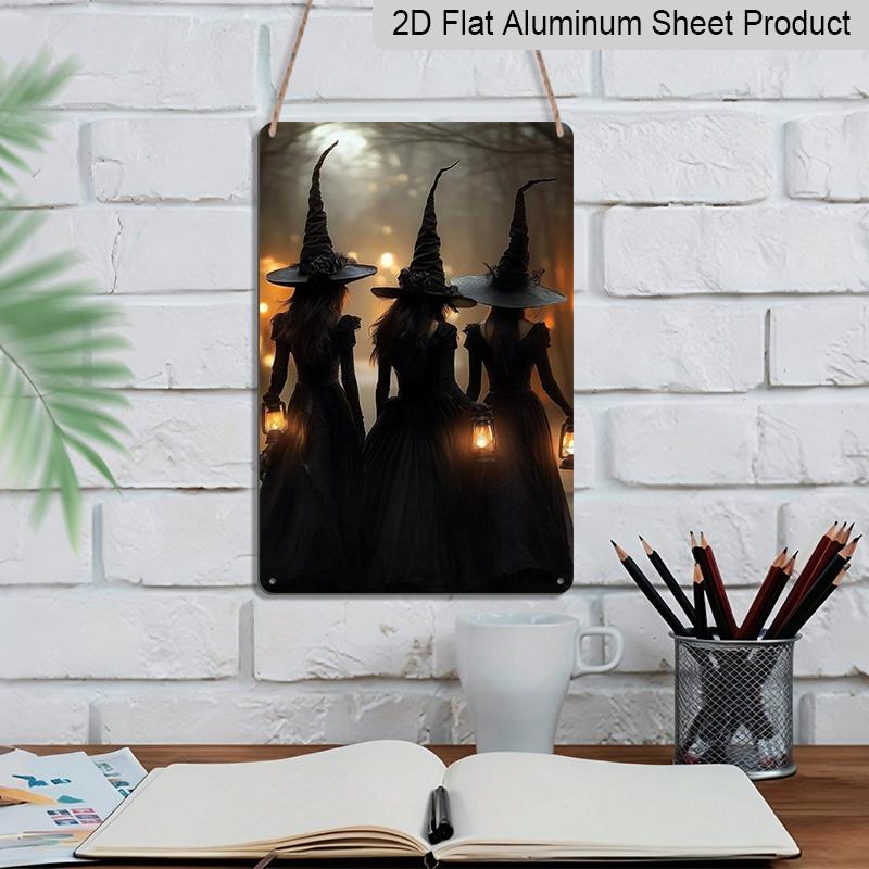 2D Flat Three Witches with Lantern Gothic Vintage Metal Sign‑8.0x12.0inch Aluminum Wall Art, Halloween Farmhouse Porch Decor, Pre‑Drilled Holes