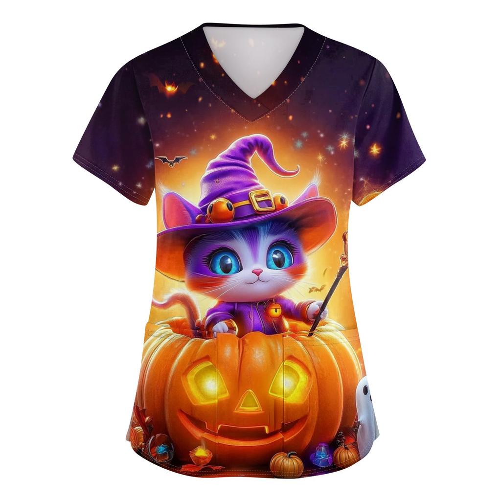 Women's V-neck Halloween Printed Short-sleeved Pocket Side-slit Protective Suit Top
