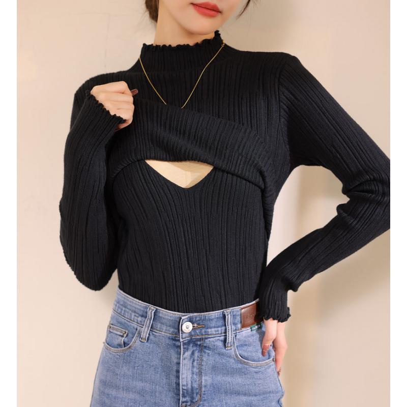 2024 Autumn/Winter Maternity Ruffle Neck Nursing Sweater - Stylish, Warm, Versatile Postpartum Wear