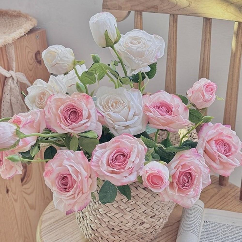 Burnt Edge Artificial Rose Flowers 3 Head Silk Simulation Rose Vintage Faux Flower  Home Decor