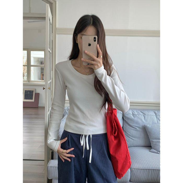 2025 Spring/Autumn Korean Style Long Sleeve Women's Slimming Round Neck T-shirt