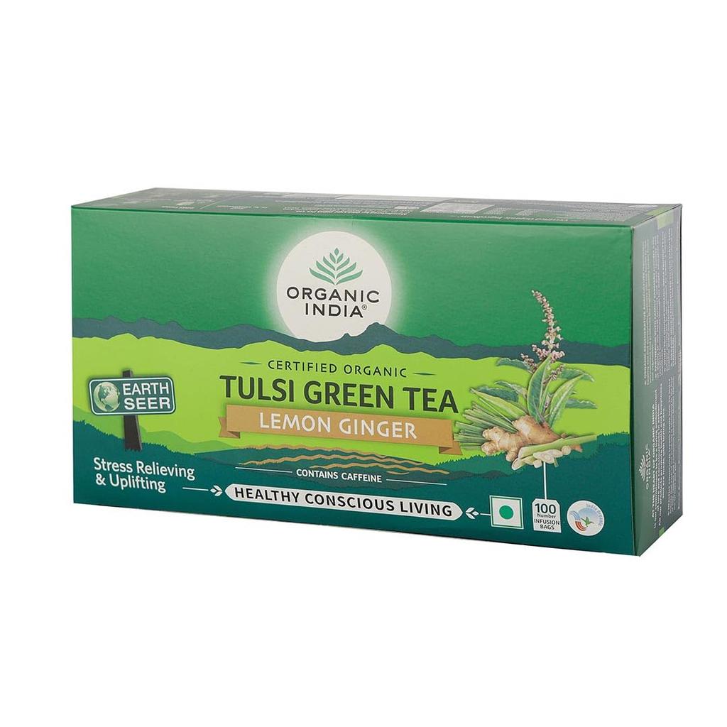 ORGANIC INDIA Tulsi Green Tea Lemon Ginger 100 Teabags Refreshing Aromatic Blend For Daily Wellness And Uplifting