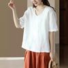 New retro cotton and linen top women's loose and thin V-neck short-sleeved jumper casual solid color T-shirt linen shirt summer