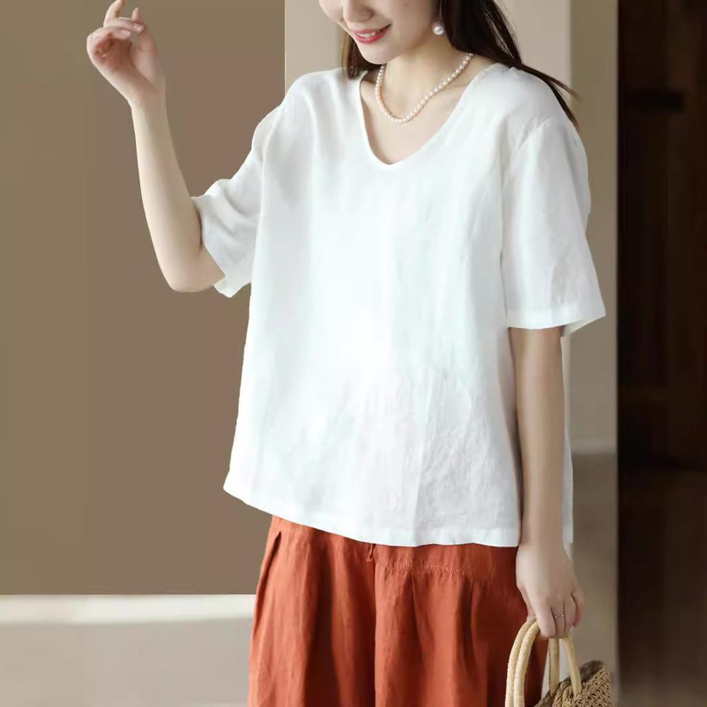 New retro cotton and linen top women's loose and thin V-neck short-sleeved jumper casual solid color T-shirt linen shirt summer