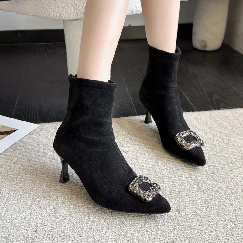 Fashion Suede Rear Zip Block Heel Single Boots Fall New Pointed Toe Rhinestone Square Buckle Non-Slip Wear-Resistant Short Shoe