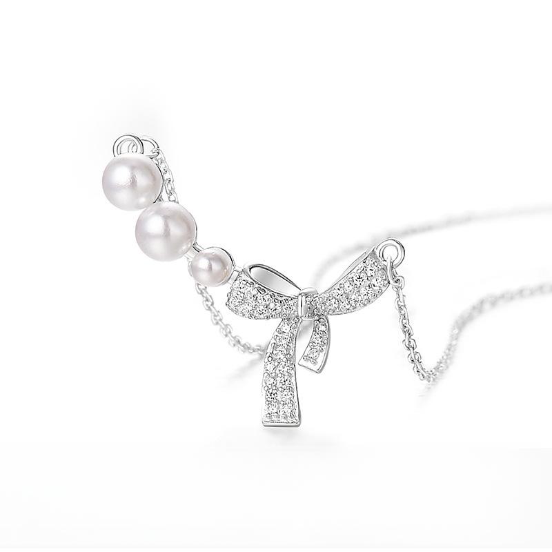 Diamond Bow Pearl Necklace for Women, Luxurious and Niche Design, High-end and Sweet Girl Feeling