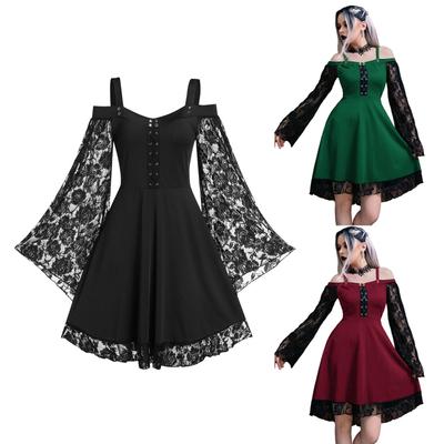 Rochie Midi Gotica Punk pentru Fete Sexy LaAe Patchwork Mânecă Lungă Clopot Rochie Femei Harajuku Umeri Reci cu Bretele Rochie de Soare Halloween