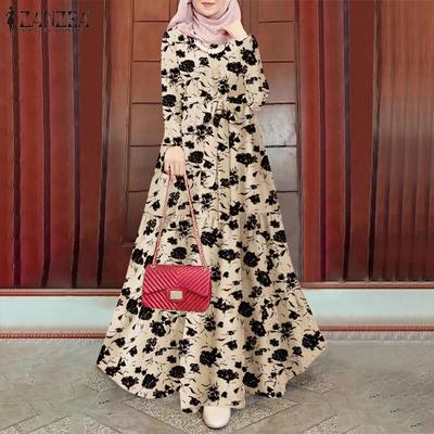 Women Printing Loose Casual Long Sleeve Muslim Dress
