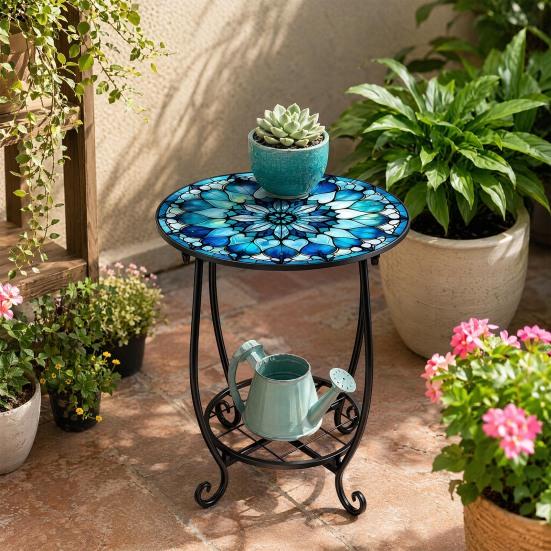 Huaqianguhh Outdoor Side Table, Round Small Mosaic Bird Butterfly Patio Accent, Indoor End Plant Coffee Tea Table for Yard Porch Garden Living