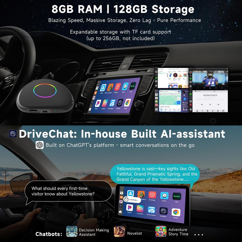 ATOTOOUT Wireless CarPlay Android Auto Compatible ChatGPT AI Android Large Memory Stream Amazon and More 256GB Micro SD Card CB6D [AI Box] &