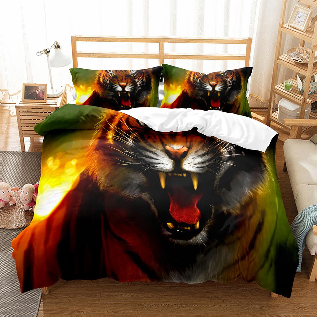 Tiger Duvet Cover Set Purple Flower Comforter Cover Boys African Safari Wild Animals Big Cat Queen King Polyester Quilt Cover