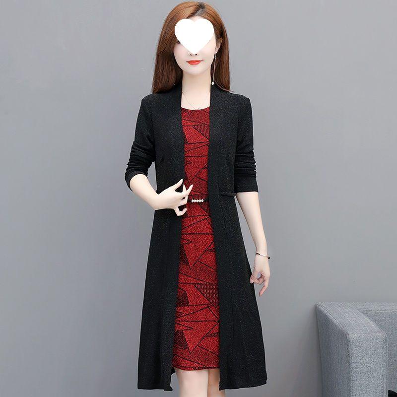 Elegantes Schlankmachendes Zweiteiliger Look Kleid für Damen - Langärmliges Frühling/Herbst Bauchbedeckendes Mode für Mittleren Alters und Ältere, 2025