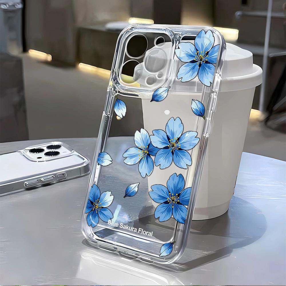 Blue Sakura Floral Print Transparent Phone Case For Samsung A56 5G A36 S26 S25Ultra S24 S23 S22 Case A55 A54 A35 A17 A16 A15 A26