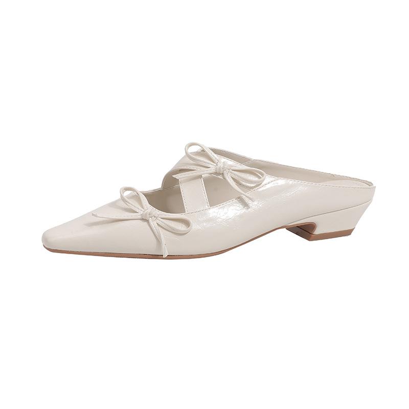 Square head bow bag head slippers women's summer wear Mary Jane cool slippers short heel single shoes women