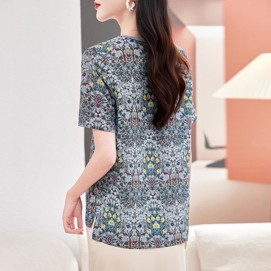Silk top women's fashion printed short-sleeved T-shirt  new thin shirt mulberry silk shirt