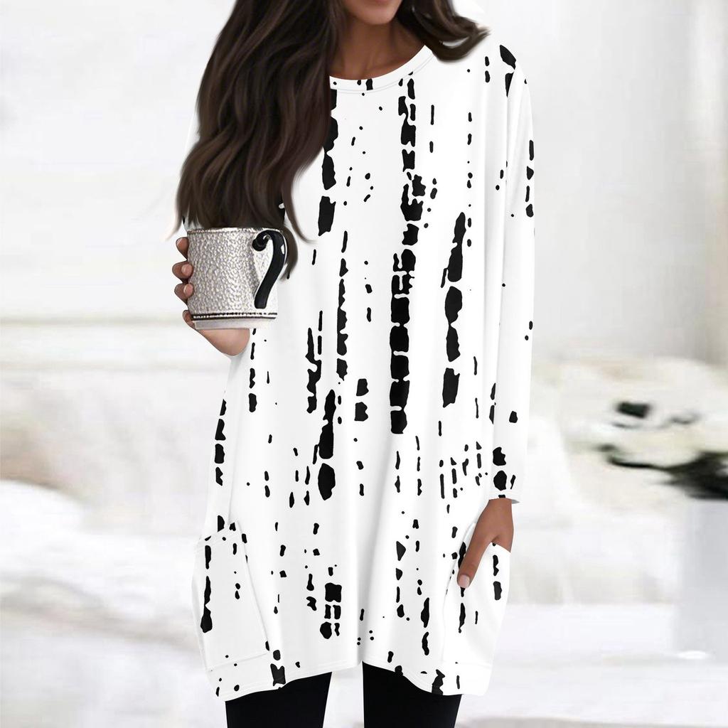 Womens Tops Round Neck Long Sleeve Blouses Casual Mid-length Shirts Fashion Print Tunic Tops With Pockets