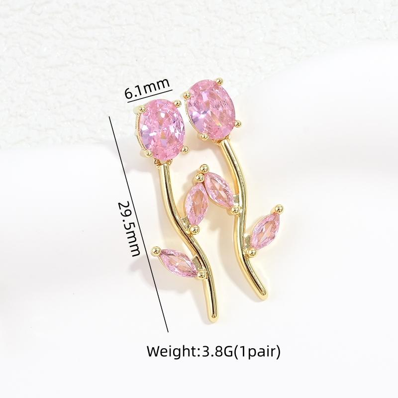 Gold Plated Tulip Stud Earrings Women Colorful Cubic Zirconia Rose Leaf Drop Earrings Minimalist Dainty Jewelry Gift:VE1824