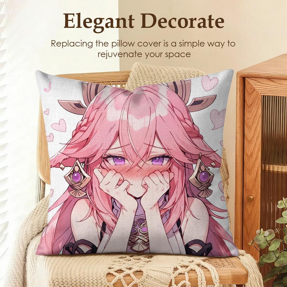 Yae Miko Genshin Impact Cushion Cover Natural Linen Organic Fabric DoubleSided Printing Sofa Home Decor Gift Pillow Case
