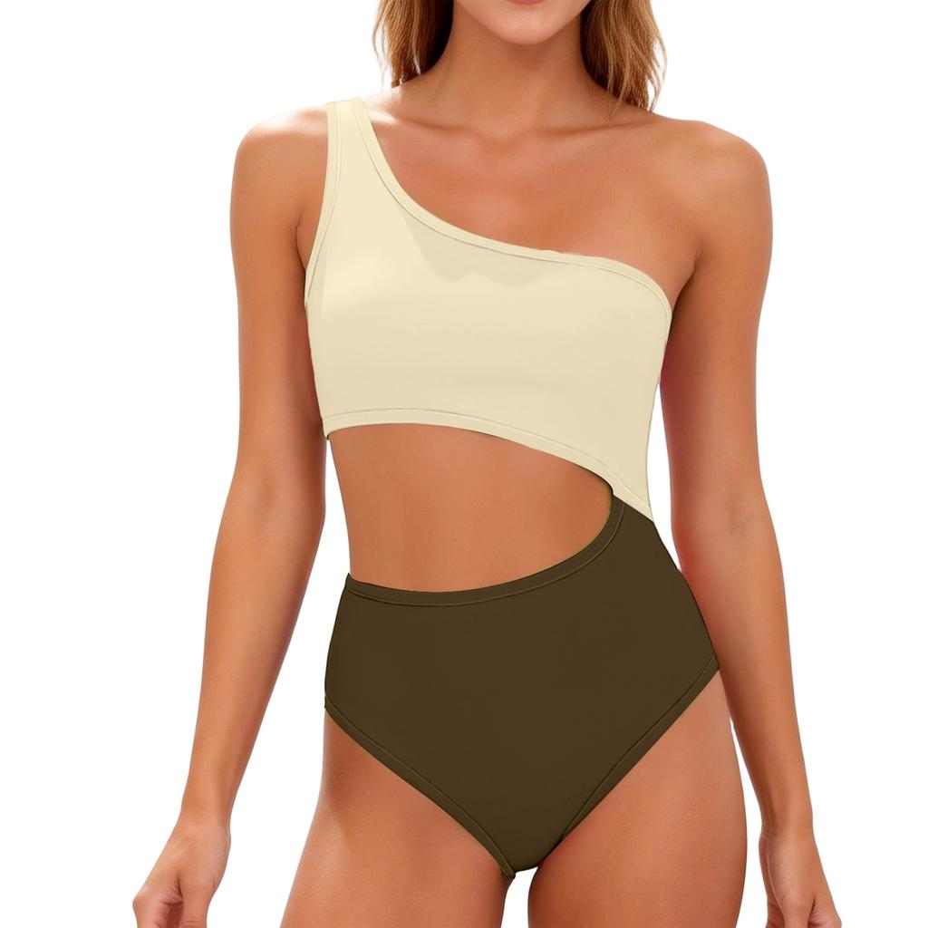 Women's Fashion Color Block One-Shoulder One-Piece Swimsuit
