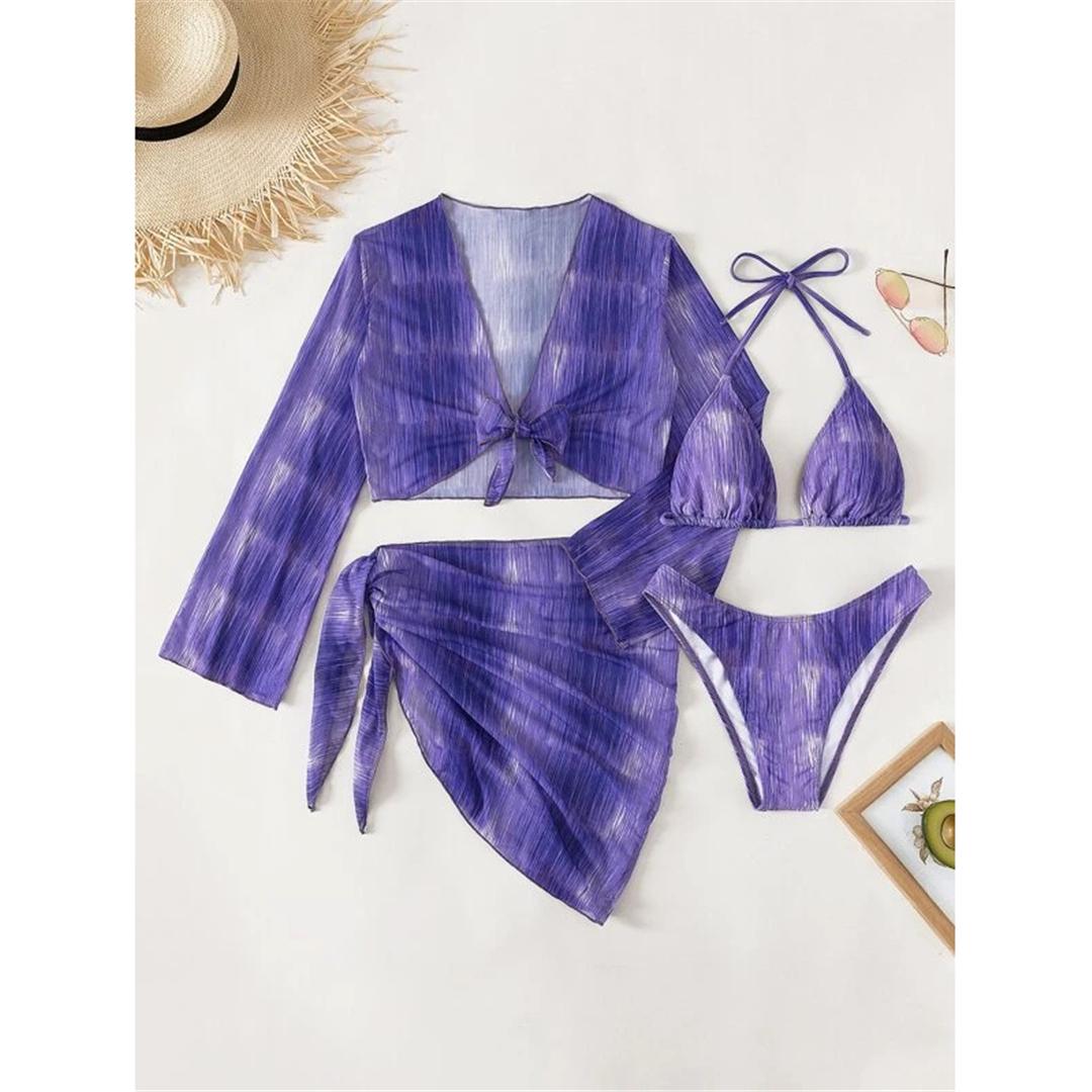 

С саронгом, длинный рукав, халтер, бикини, женский купальник, женский купальник, комплект бикини из четырех частей, купальный костюм, женский купальник S синий