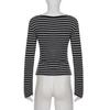 European & American Style V-Neck Lace-Trim Striped Long-Sleeve Slim-Fit Two-Piece Look Top for Women
