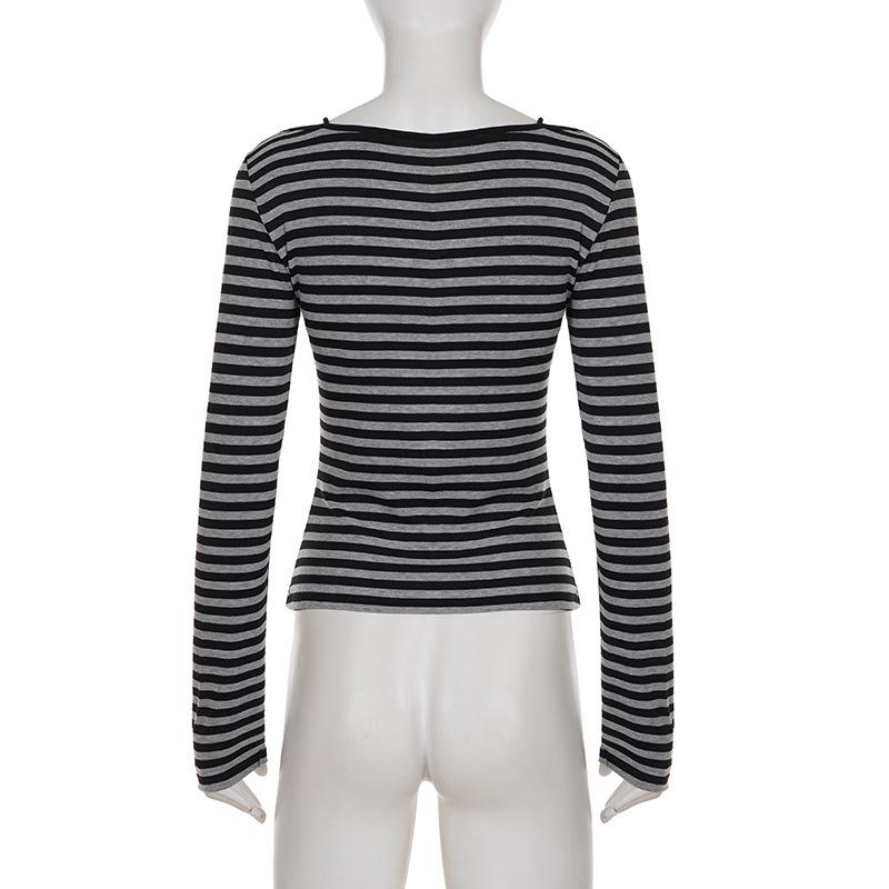European & American Style V-Neck Lace-Trim Striped Long-Sleeve Slim-Fit Two-Piece Look Top for Women