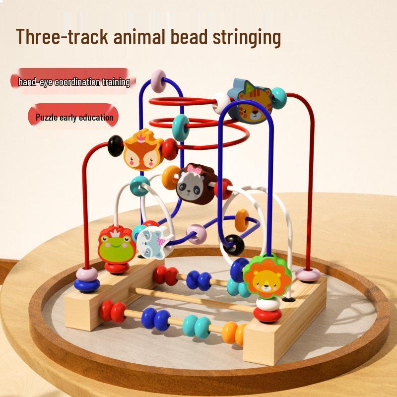 Multi-functional Animal Bead Maze: Wooden Three-Track Toy for Infant Hand-Eye Coordination & Early Education.