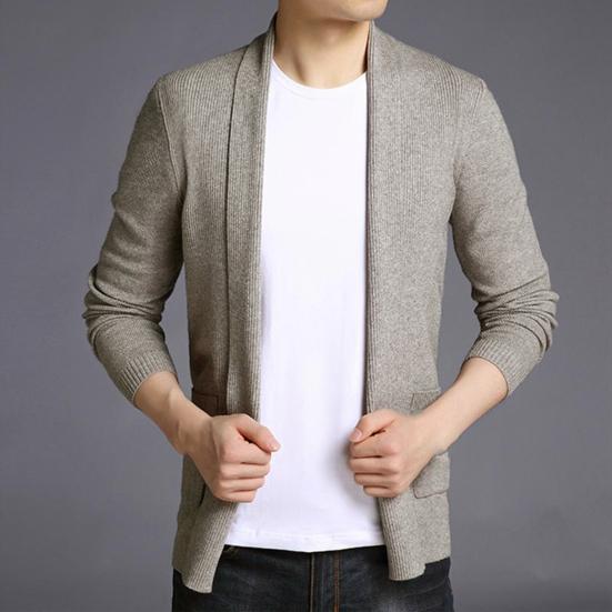 Men Sweater Coat Solid Color Soft Warm Breathable Stretchy Open Stitch Cardigan Long Sleeves Turn-down Collar Sweater Jacket Men Clothes