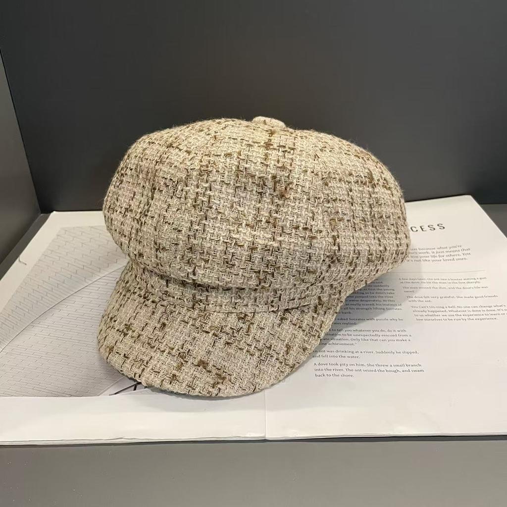 Autumn and Winter New Style Small Fragrant Tweed Octagonal Hat Fashionable Atmosphere  Small Newsboy Hat Duck Tongue Beret Hat  Trendy