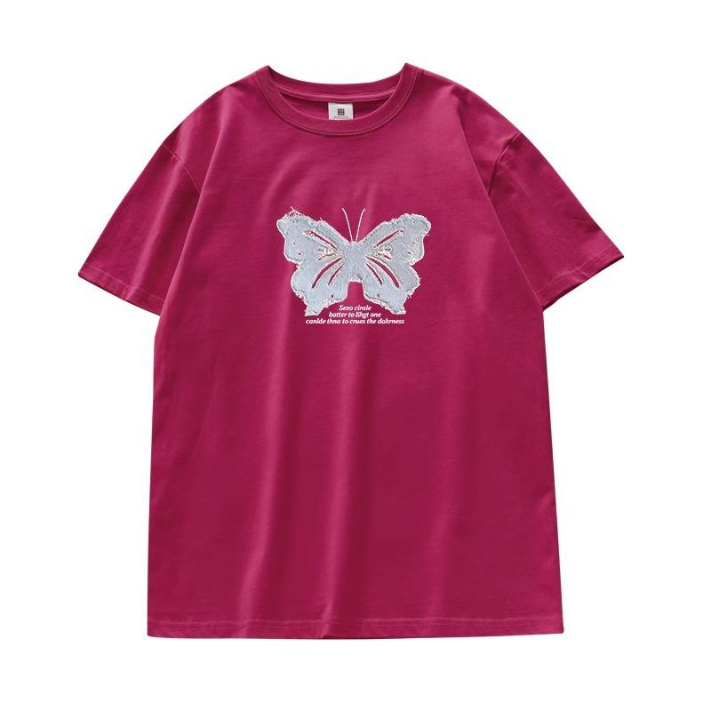 Butterfly Short-sleeved T-shirt Women's Summer New Design Sense Niche French Sweet Top Korean Chic Pure Cotton Half-sleeve