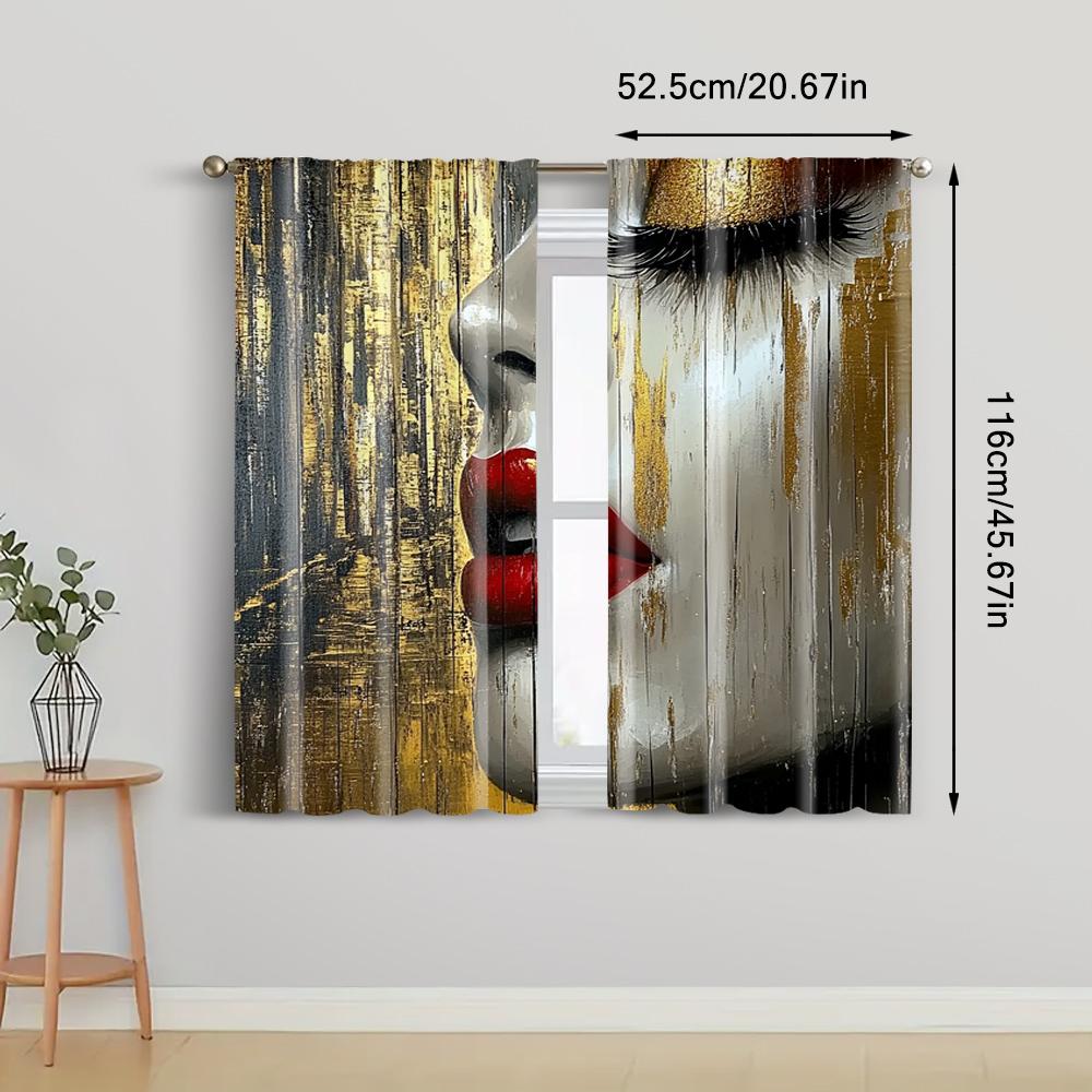 2pcs   Spring Summer Curtains Facial Reflexes_ Red Lips and Black Eyelashes of Women In Urban Landscapes Semi-Sheer Curtains