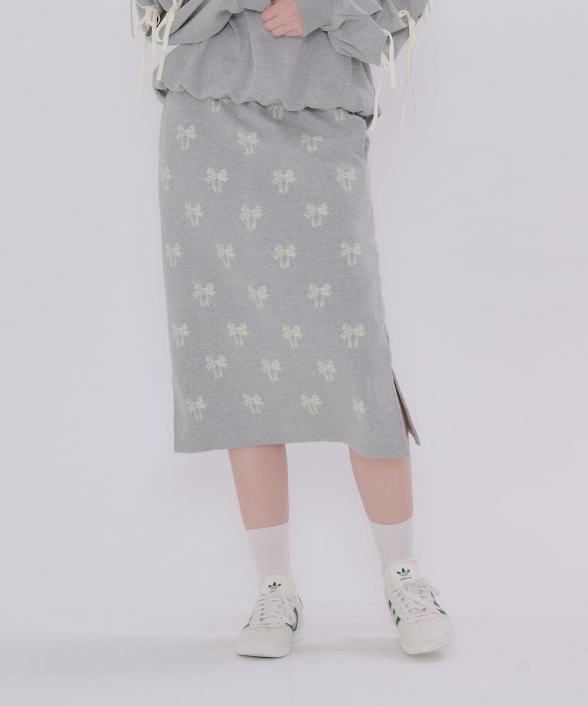 Metapeo Ribbon Print Elastic Waist Long Skirt Gray