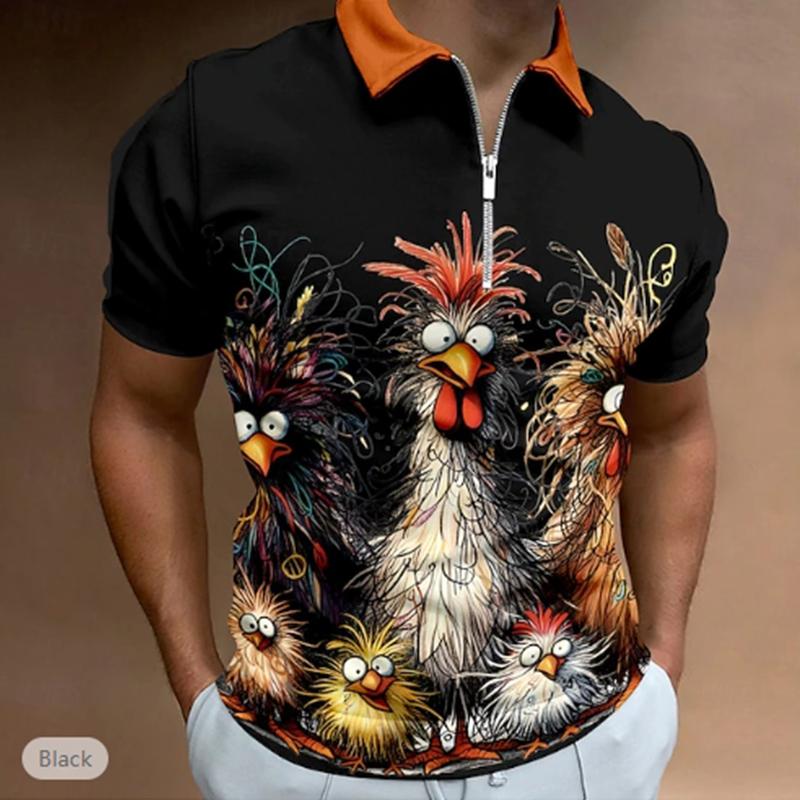 Casual Lapel T-shirt Young Men's Fashion Zipper T-shirt Short Sleeve T-shirt Men's 3D Chicken Graffiti Print T Shirt