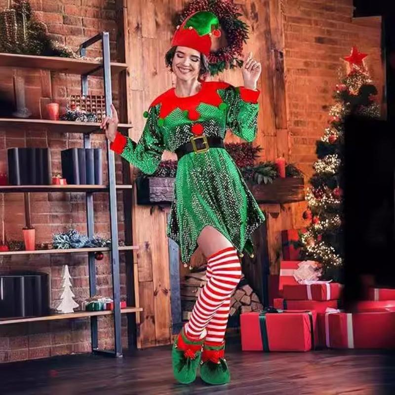 Voksne Kvinner Julenissen Jul Grønn Alvekjole Sokker Hatt Sett Jul Nyttår Cosplay Kostymer Opptreden Rollelek Antrekk