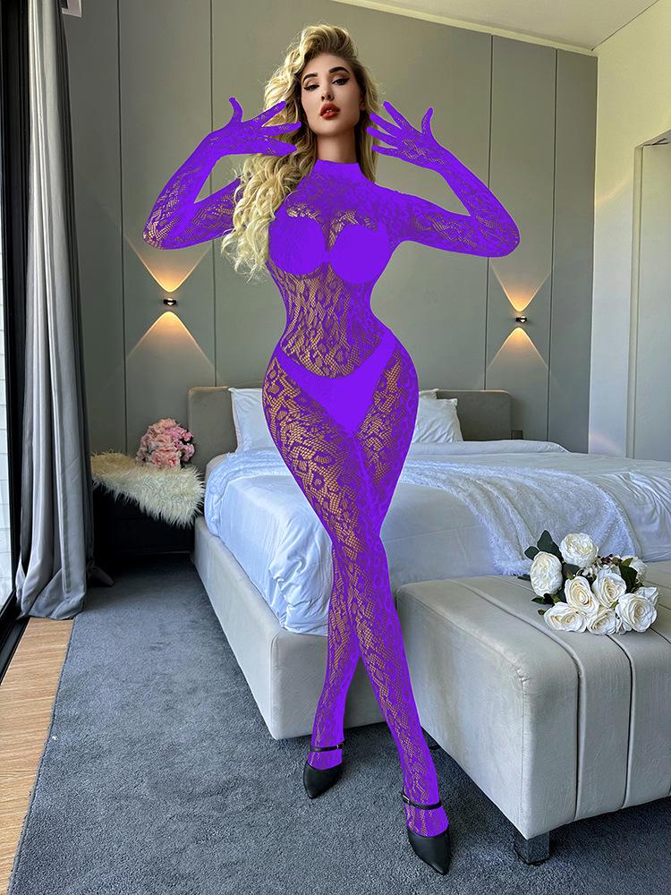 European & American Sexy Long-Sleeved Fishnet Bodysuit with Closed Crotch
