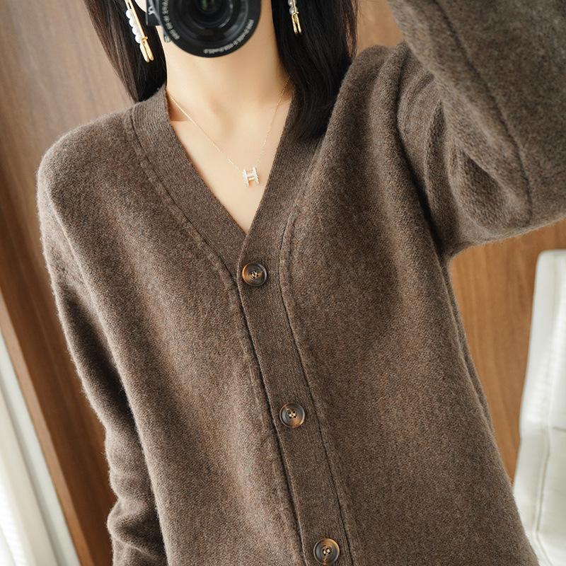 Women's Pure Wool Solid Color Cashmere Cardigan Sweater - V Neck Autumn/Winter Knitwear