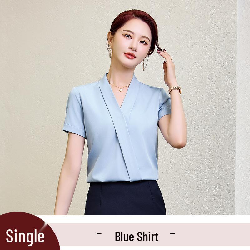 Women's Blue V-Neck Short-Sleeve Blouse - 2025 Summer Professional Wear