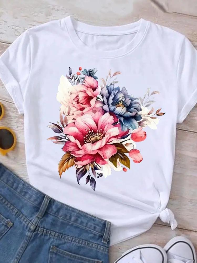 

Watercolor Flower Sweet 90s Women Ladies Casual Top Female Clothing Print White T Shirt Short Sleeve Tee Fashion Graphic TShirt S