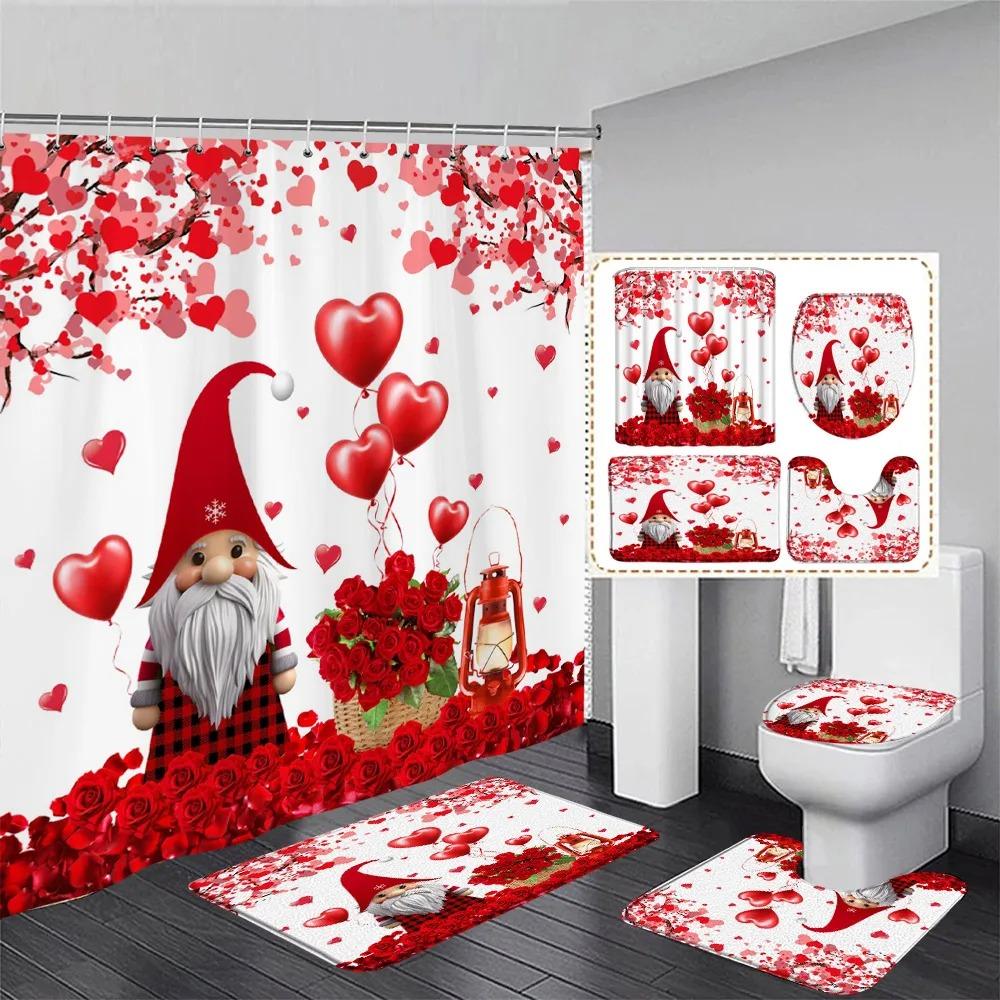Valentine'S Day Shower Curtain Set Red Heart Shaped Rose Flowers Lovers Gift Home Bathroom Decoration Bath Mats Toilet Lid Cover