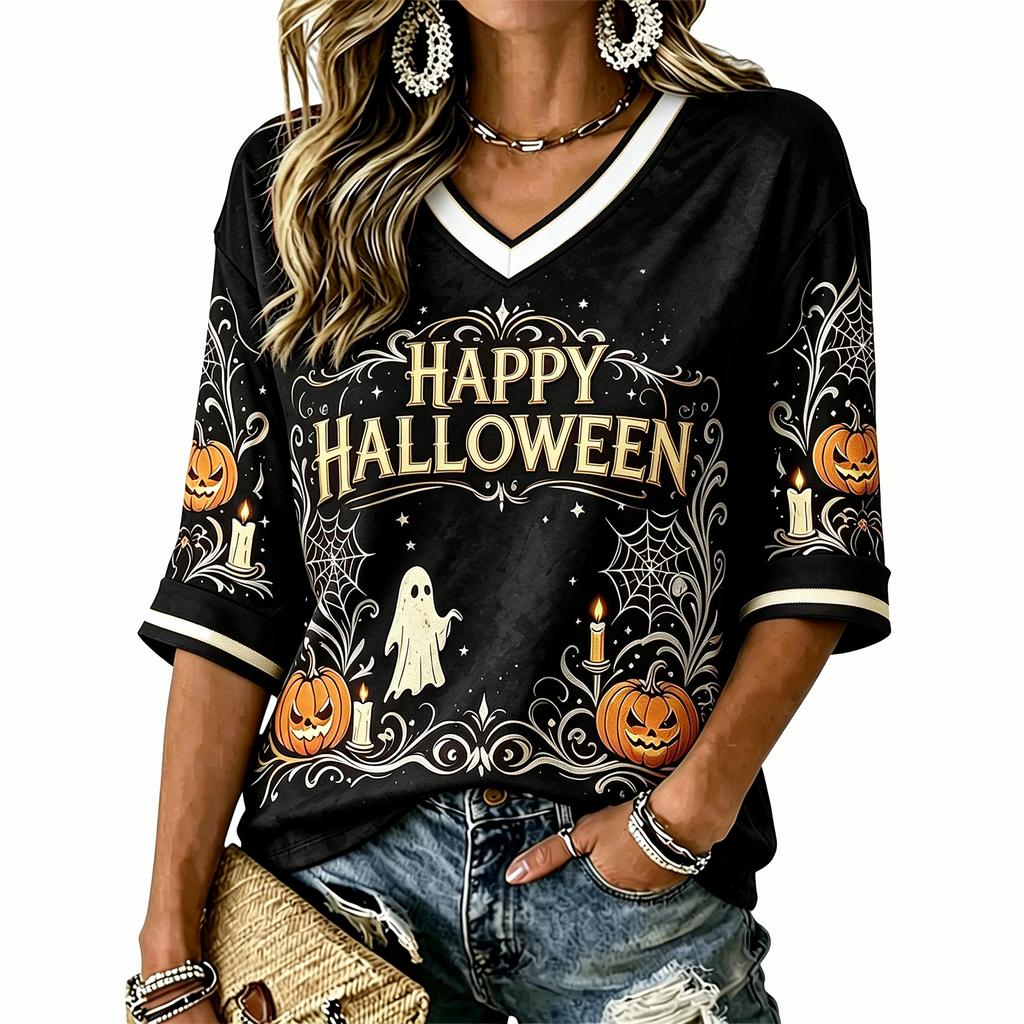 Women's Casual Halloween Printed V-Neck T-Shirt for Festive Occasions and Everyday Wear