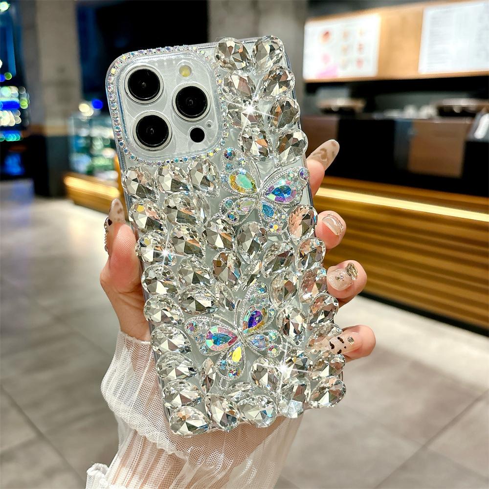 Luxury Glitter Rhinestone Butterfly Case for 17 Pro Max/16/15/14/13/12/11 Full Bling Diamond Cover Funda 15 Pro/14 Pro