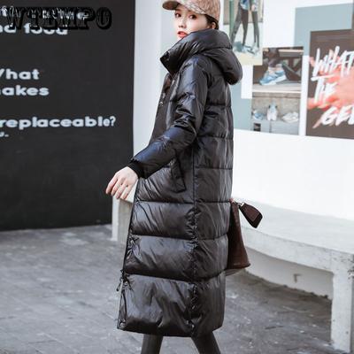Winter Long Down Jacket Women's Slim Knee High Black Glossy Bread Jacket No Wash Cotton Jacket, Medium Long Cotton Jacket