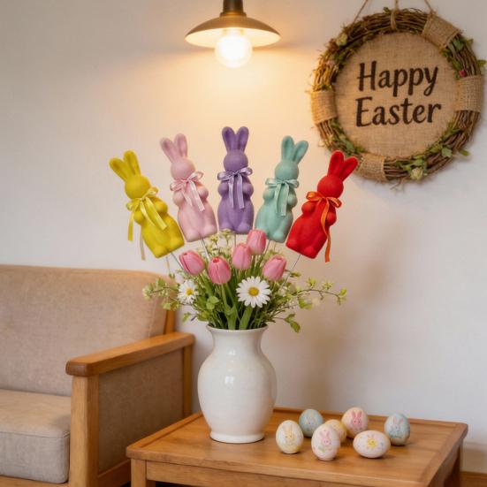 Easter Flocked Bunny Figurine Small Foam Rabbit with Bow Tie Spring Bunny Stake for Outdoor Indoor Yard Lawn Planter Pot Decor