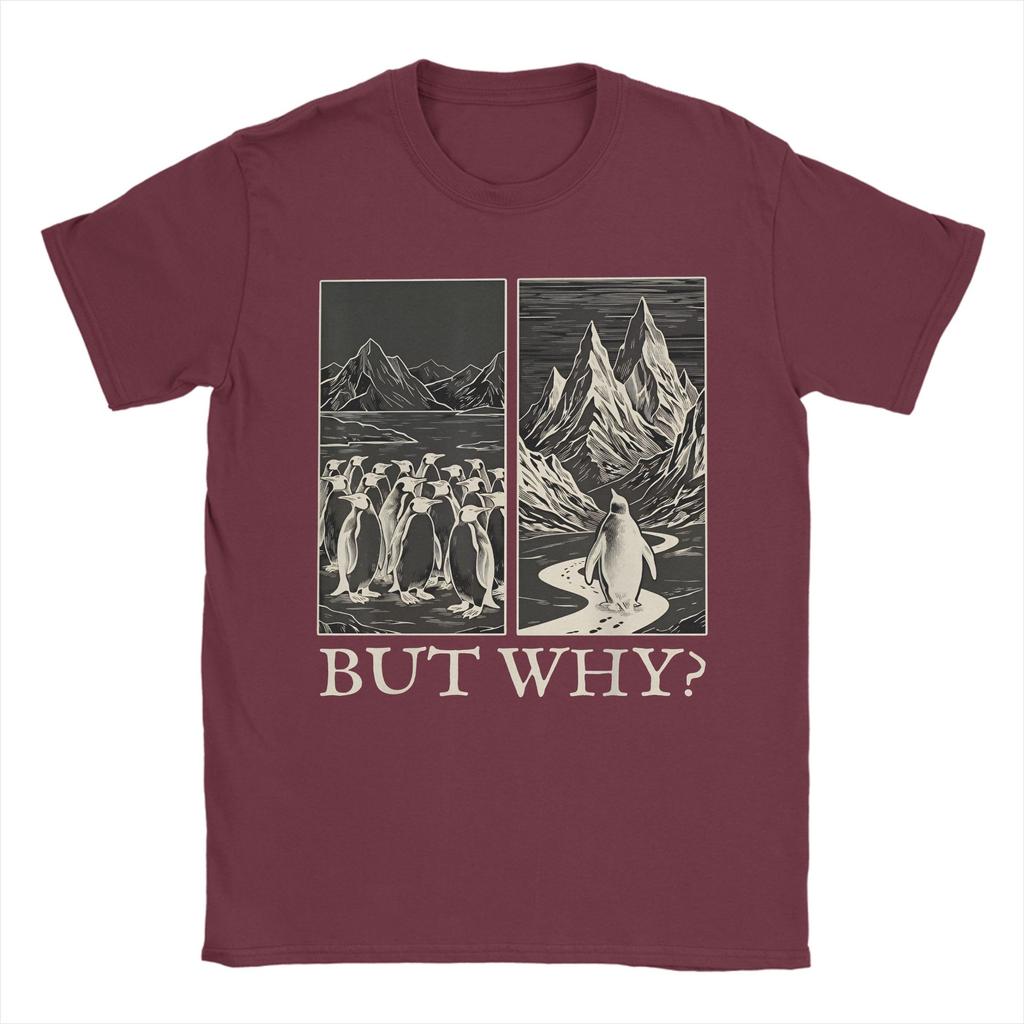 Penguin But Why Head Towards The Mountains Meme Mens T Shirt  Crazy Tees Short Sleeve Round Collar TShirt Pure Cotton 5XL Tops