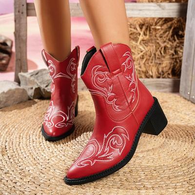 European and American Style Leather Boots Pointed Head Embroidery V-port Short Knight Boots Women's Foreign Trade New Thick Heel Thin Cigarette Boots