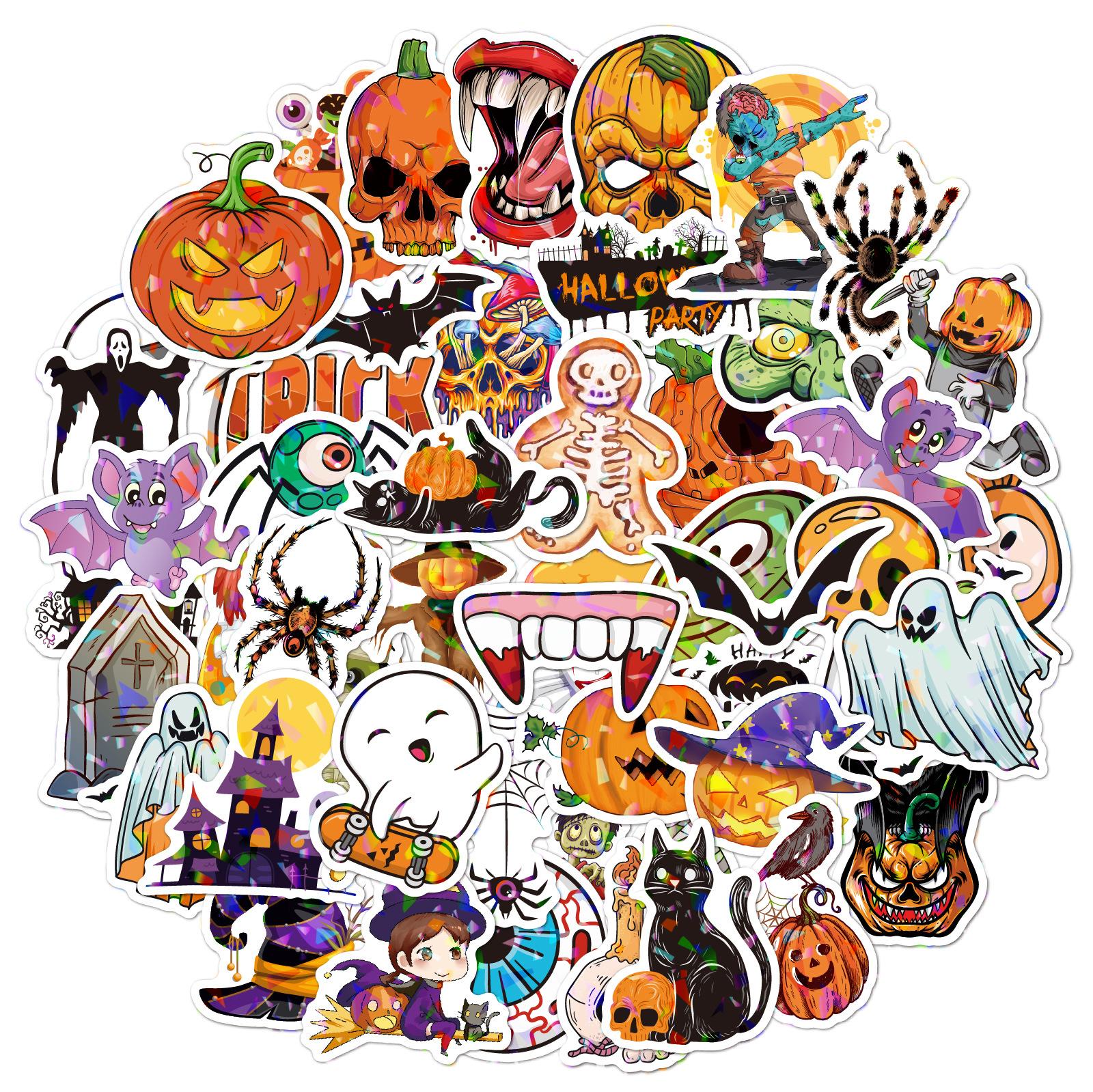

2026 Laser Flash Halloween Stickers Holographic Vinyl Trunk Mug Cup Sticker Waterproof Removable Sticker for Halloween Decor 50pcs
