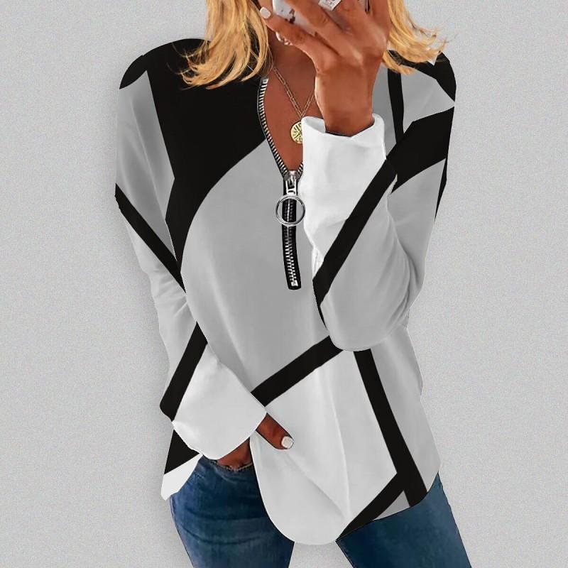 Womens V-Neck Half-Zip Long Sleeve Oversized Hoodie With Geometric Print Casual Comfort Fit 2025